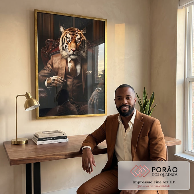 Quadro Decorativo Tigre Executivo - Arte Sofisticada para Ambientes Elegantes em escritorio moderno - quadros decorativos para sala