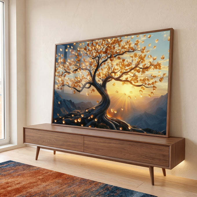 Quadro Decorativo Árvore da Vida Inspiração Sobre O Nascimento Do Sol em ambiente decorado - quadros decorativos para sala
