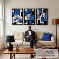 Quadro Decorativo Geométrico Abstrato - Três Painéis Modernos em sala de estar moderna - quadros decorativos para sala