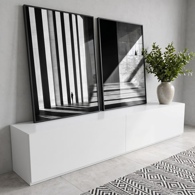 Quadro Decorativo Estruturas Retangulares com Luz e Sombra em ambiente decorado - quadros decorativos para sala