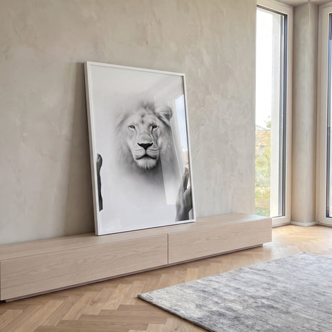 Quadro Decorativo Leão Monocromático em ambiente decorado - quadros decorativos para sala