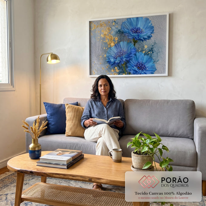 Quadro Decorativo Flores Azuis Elegantes em sala de estar moderna - quadros decorativos para sala