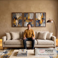 Quadro Decorativo Abstrato Azul e Dourado em sala de estar moderna - quadros decorativos para sala