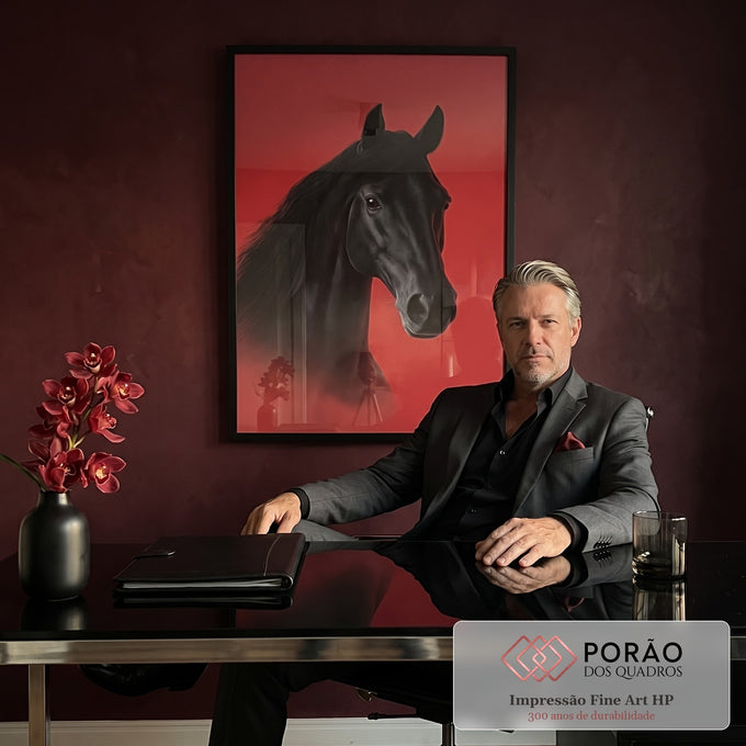 Quadro Decorativo Cavalo Negro Vibrante em escritorio moderno - quadros decorativos para sala