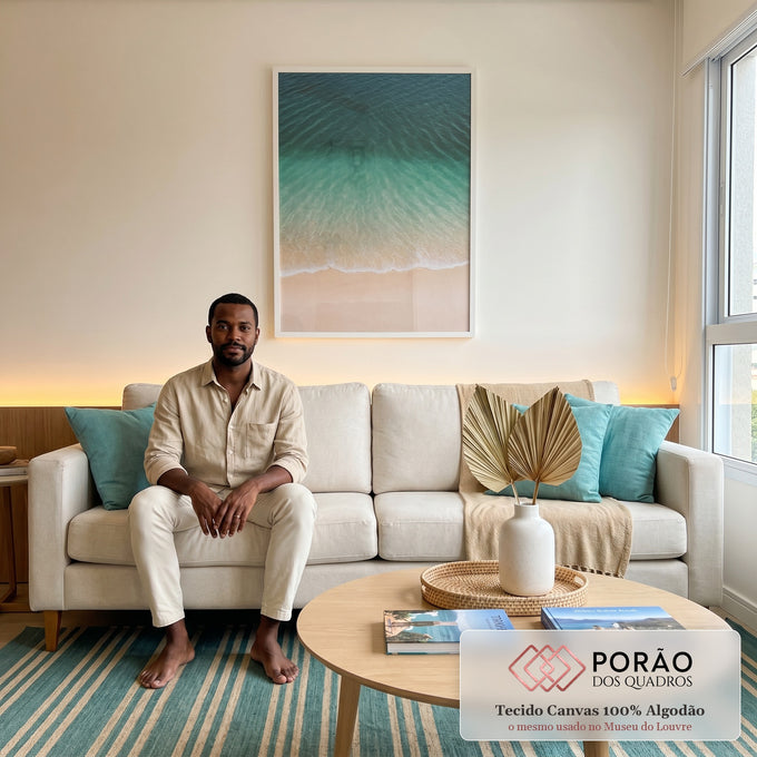 Quadro Decorativo Praia Serenidade em sala de estar moderna - quadros decorativos para sala