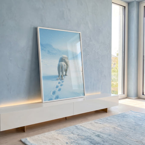 Quadro Decorativo Leão Branco na Neve em ambiente decorado - quadros decorativos para sala