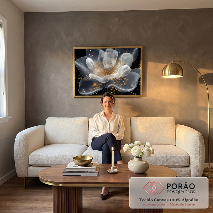 Quadro Decorativo Expendida Flor Branca com Dourado em sala de estar moderna - quadros decorativos para sala