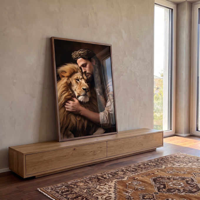 Quadro Decorativo Jesus Abraçando o Leão - Toque Divino em ambiente decorado - quadros decorativos para sala