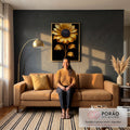 Quadro Decorativo Girassol Dourado Elegante em sala de estar moderna - quadros decorativos para sala