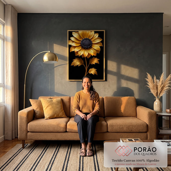 Quadro Decorativo Girassol Dourado Elegante em sala de estar moderna - quadros decorativos para sala