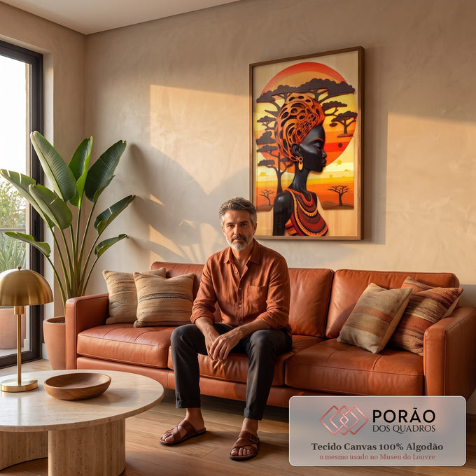 Quadro Decorativo Étnico e Elegante Rainha Africana em sala de estar moderna - quadros decorativos para sala