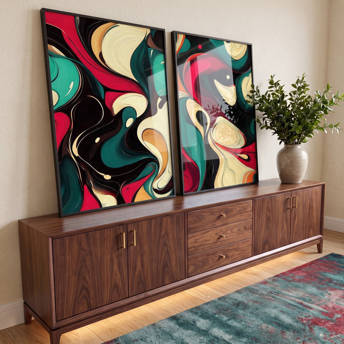 Quadro Decorativo Abstrato com Cores Vibrantes em ambiente decorado - quadros decorativos para sala