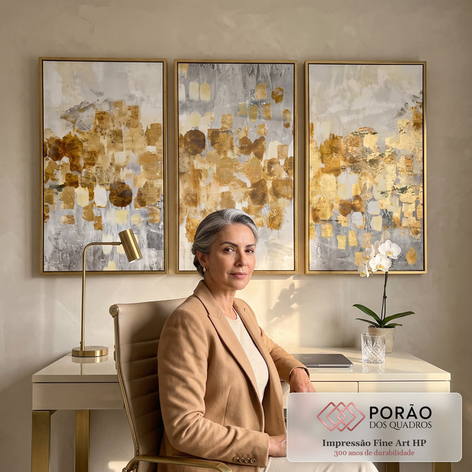 Quadro Decorativo: Fusão de Ouro e Branco, Toque Minimalista em escritorio moderno - quadros decorativos para sala
