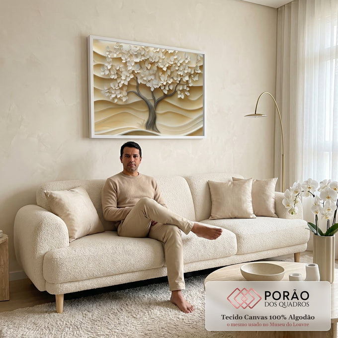 Quadro Decorativo Árvore da Vida Pétalas Brancas para Inspiração e Beleza em sala de estar moderna - quadros decorativos para sala