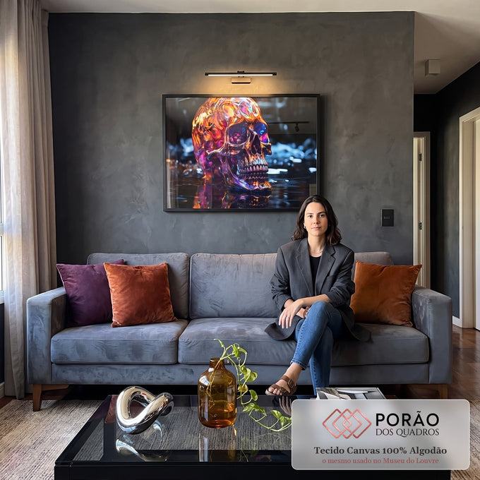 Quadro Decorativo Caveira Cromada: Elegância Ousada em sala de estar moderna - quadros decorativos para sala
