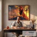 Quadro Decorativo Leão Majestoso e Cruz ao Nascer do Sol em escritorio moderno - quadros decorativos para sala