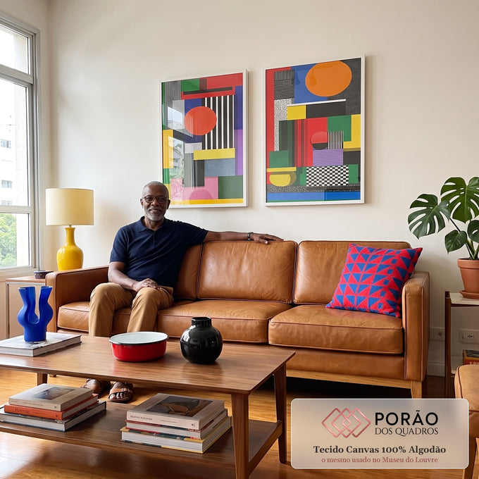 Quadro Decorativo Abstrato Geométrico Vibrante em sala de estar moderna - quadros decorativos para sala