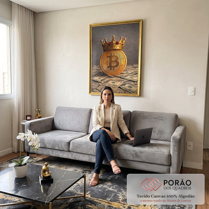 Quadro Decorativo Bitcoin: Poder e Luxo em sala de estar moderna - quadros decorativos para sala