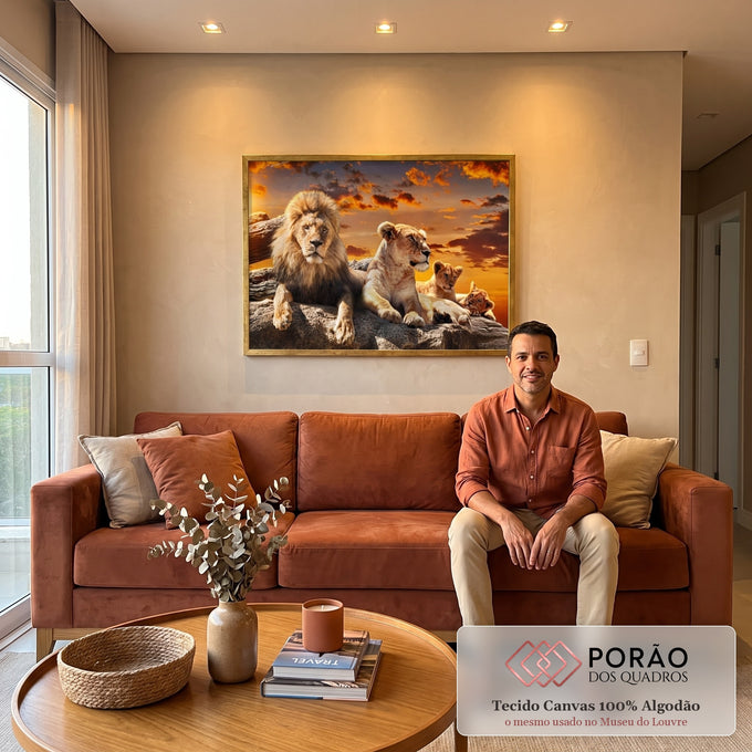Quadro Decorativo Leões ao Pôr do Sol - Família e Força em sala de estar moderna - quadros decorativos para sala