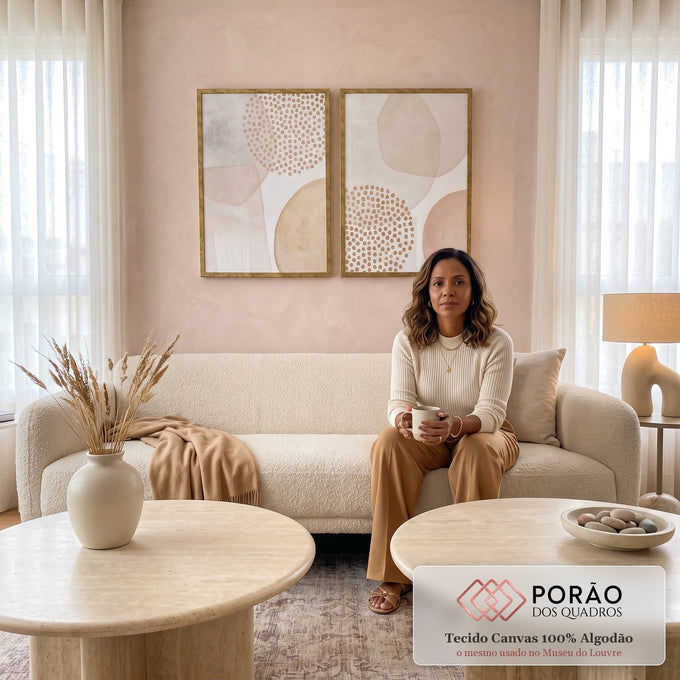 Quadro Decorativo: Elegância Rosa e Dourado em Abstrato em sala de estar moderna - quadros decorativos para sala