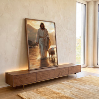 Quadro Decorativo Jesus e o Cordeiro ao Entardecer em ambiente decorado - quadros decorativos para sala