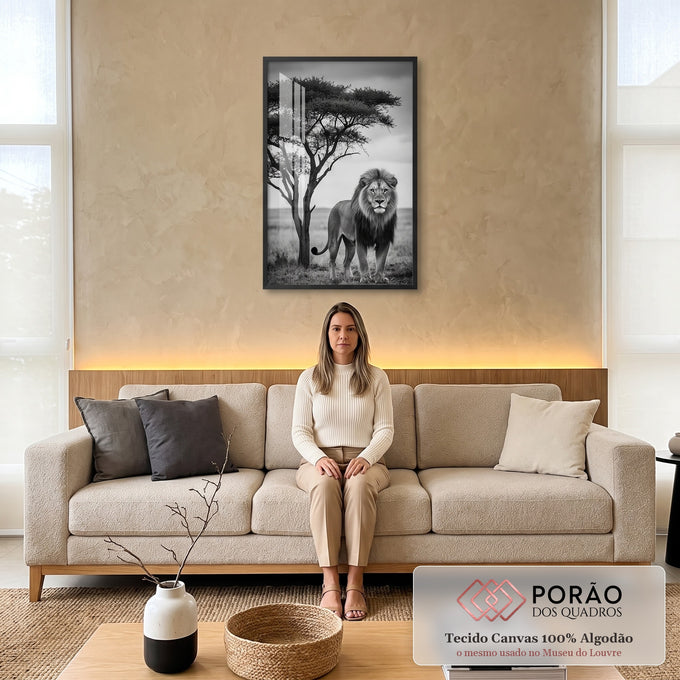 Quadro Decorativo Leão e Natureza em sala de estar moderna - quadros decorativos para sala