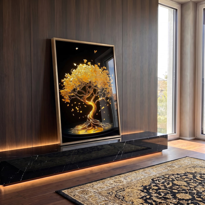Quadro Decorativo Árvore da Vida Dourada Elegância Natural em ambiente decorado - quadros decorativos para sala