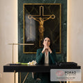 Quadro Decorativo Cristo Dourado em Serenidade em escritorio moderno - quadros decorativos para sala