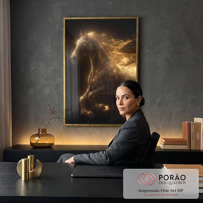 Quadro Decorativo Cavalo Dourado Etéreo em escritorio moderno - quadros decorativos para sala