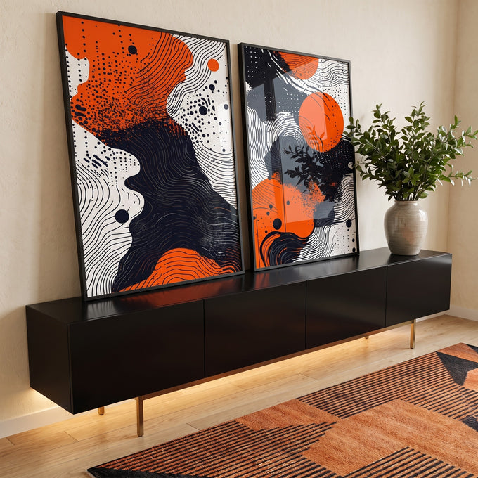 Quadro Decorativo Abstrato com Tons de Laranja, Preto e Branco em ambiente decorado - quadros decorativos para sala