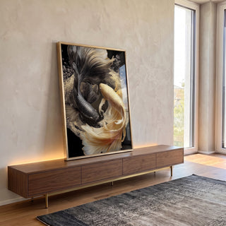 Quadro Decorativo Peixes Elegantes em Dança em ambiente decorado - quadros decorativos para sala