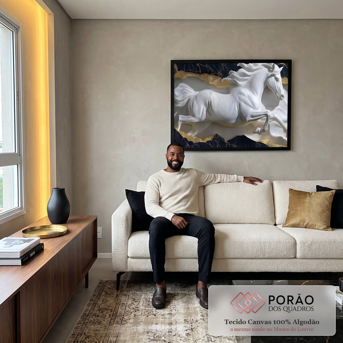 Quadro Decorativo Escultura de Cavalo Branco em Movimento em sala de estar moderna - quadros decorativos para sala