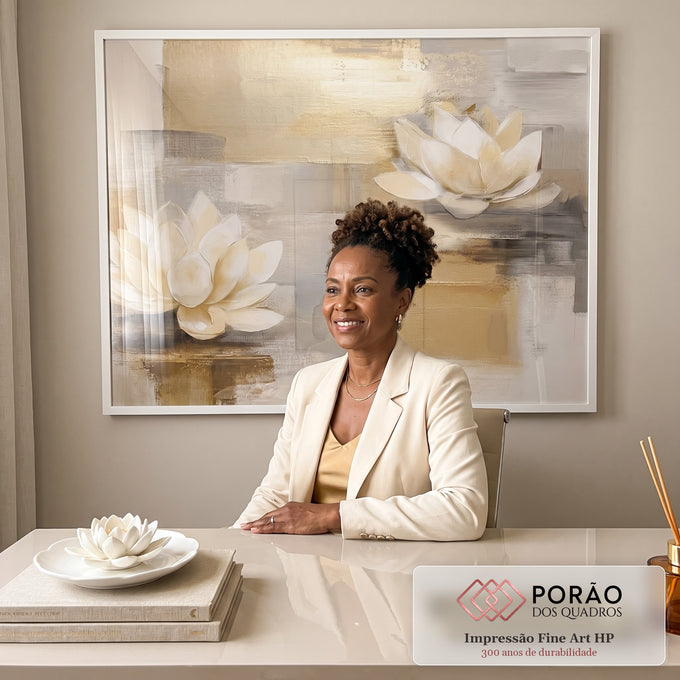 Quadro Decorativo Lótus Branca e Serenidade em escritorio moderno - quadros decorativos para sala