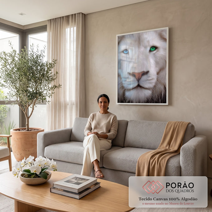 Quadro Decorativo Leão Glacial Imponente em sala de estar moderna - quadros decorativos para sala