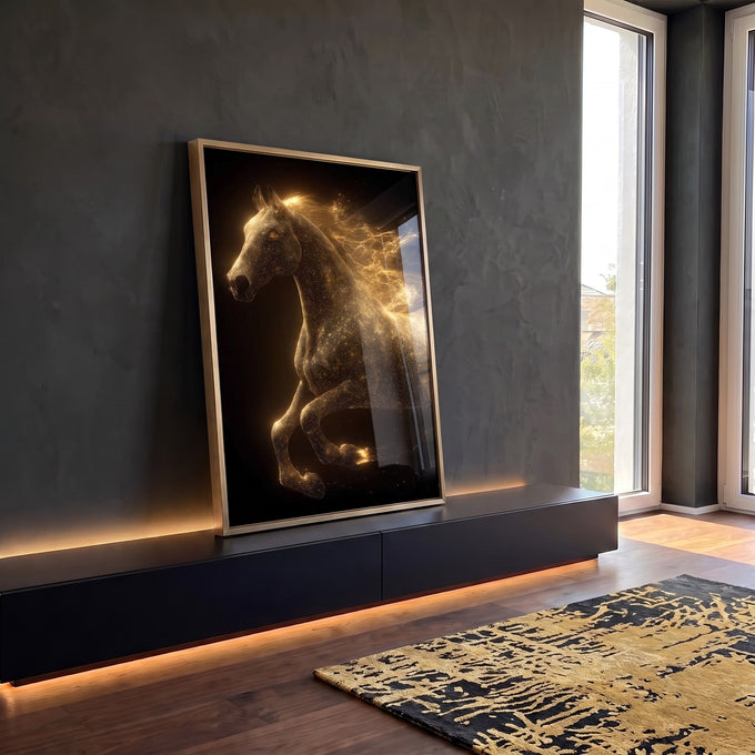 Quadro Decorativo Cavalo Dourado Etéreo em ambiente decorado - quadros decorativos para sala