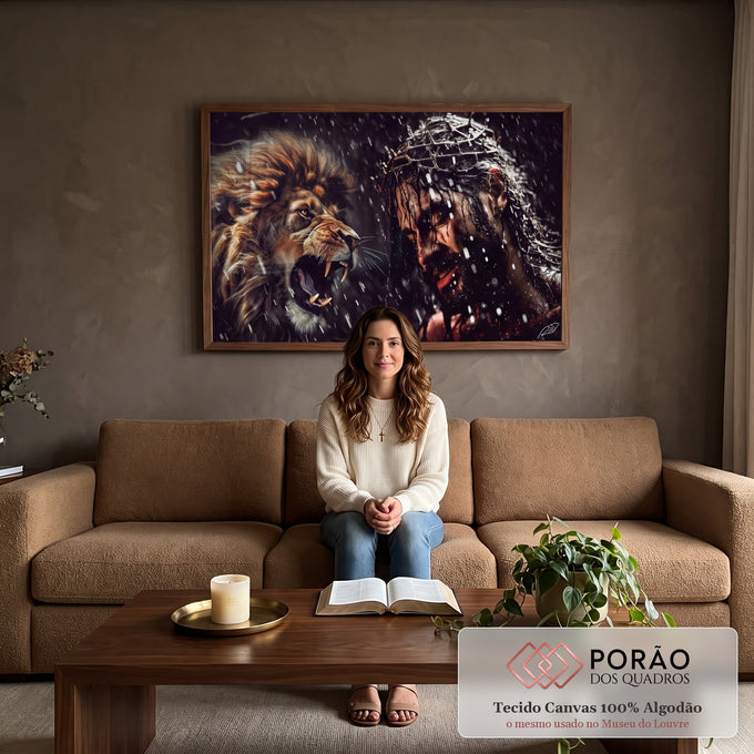 Quadro Decorativo Leão de Judá Rugindo em sala de estar moderna - quadros decorativos para sala