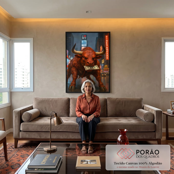 Quadro Decorativo Joyful Bull Vermelho Urbano em sala de estar moderna - quadros decorativos para sala