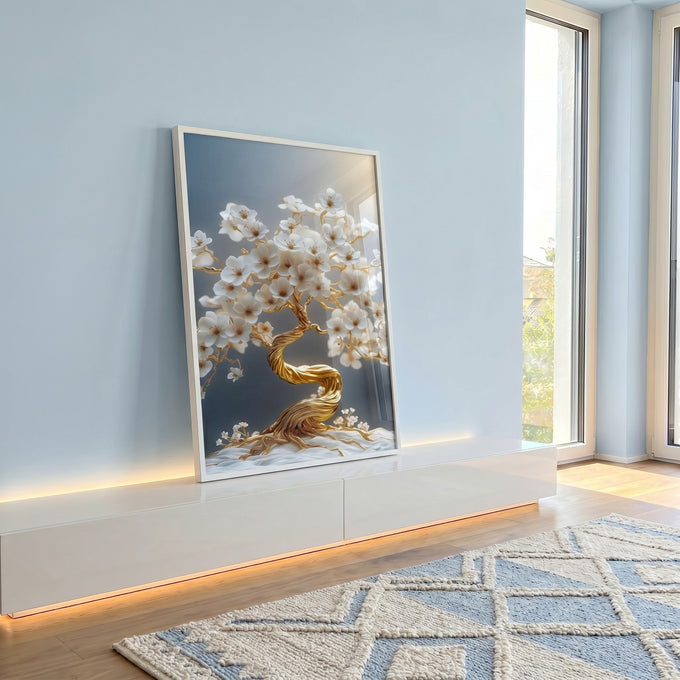Quadro Decorativo Elegância Natural Dourada em ambiente decorado - quadros decorativos para sala