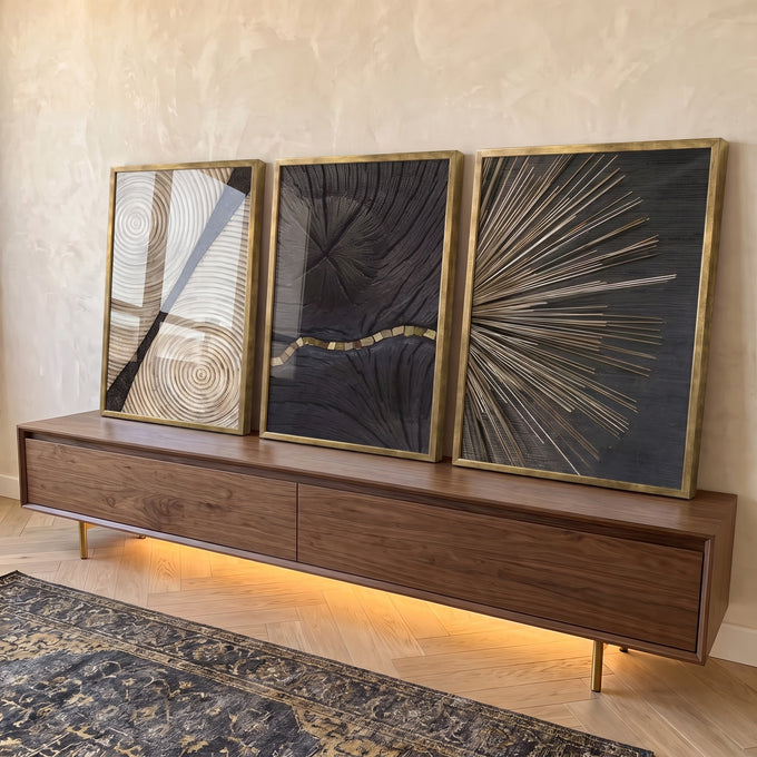 Quadro Decorativo Deslumbre Dourado Luxo e Sofisticação em ambiente decorado - quadros decorativos para sala