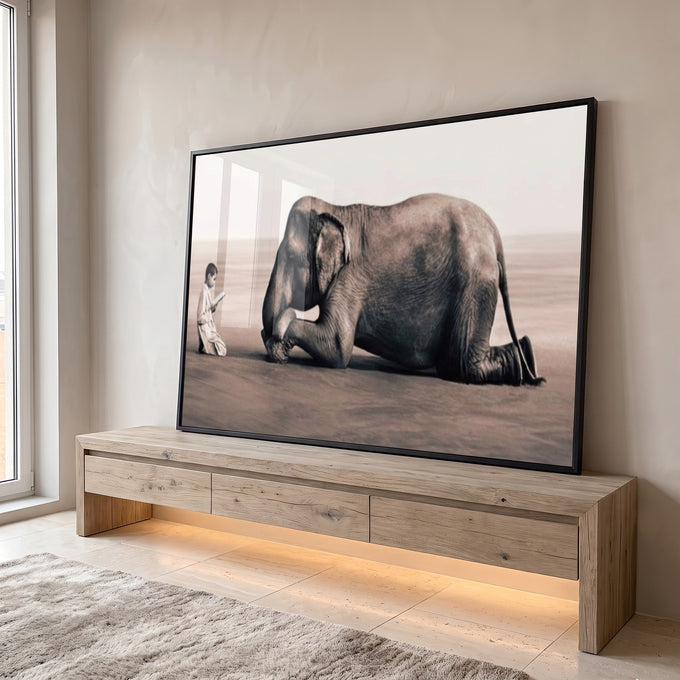 Quadro Decorativo Reflexivo A Leitura e o Elefante em ambiente decorado - quadros decorativos para sala