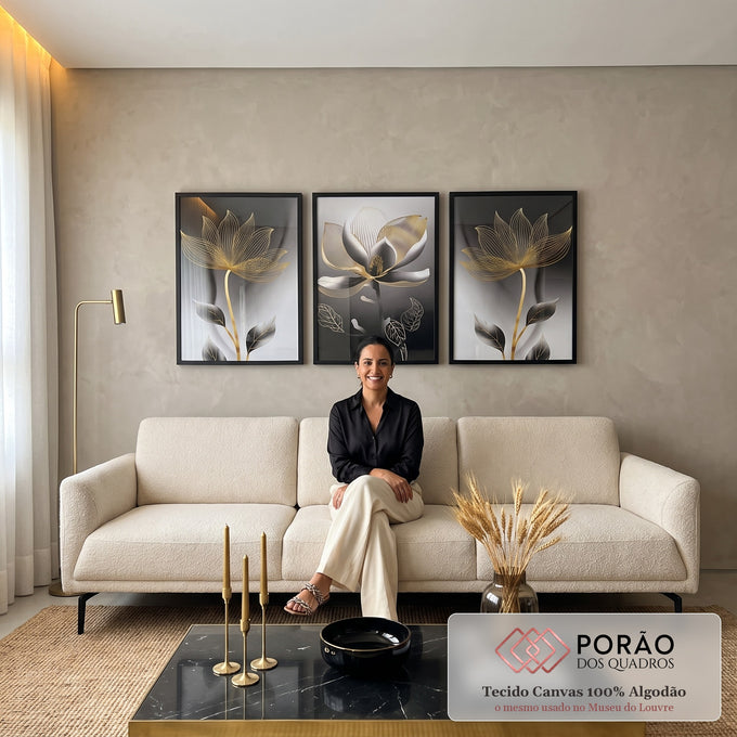 Quadro Decorativo Flores Monocromáticas com Toque Dourado em sala de estar moderna - quadros decorativos para sala
