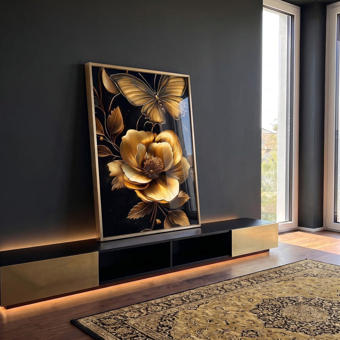 Quadro Decorativo Elegância Dourada Floral em ambiente decorado - quadros decorativos para sala