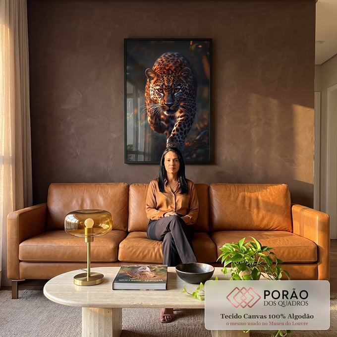 Quadro Decorativo A ferocidade da onça em sala de estar moderna - quadros decorativos para sala