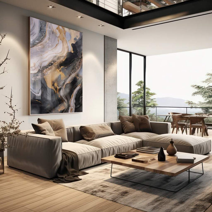 Quadro Decorativo Abstrato Dourado em Luxo - quadros decorativos para sala 1 Tela Vertical, 3 Telas - em living room premium