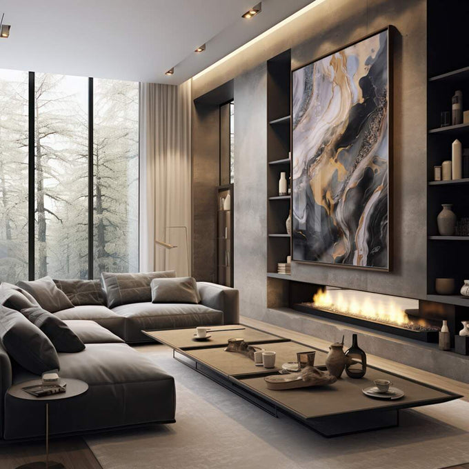 Quadro Decorativo Abstrato Dourado em Luxo - quadros decorativos 1 Tela Vertical, 3 Telas - em sala moderna