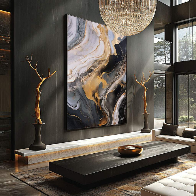 Quadro Decorativo Abstrato Dourado em Luxo - quadros decorativos para sala 1 Tela Vertical, 3 Telas - em ambiente decorado