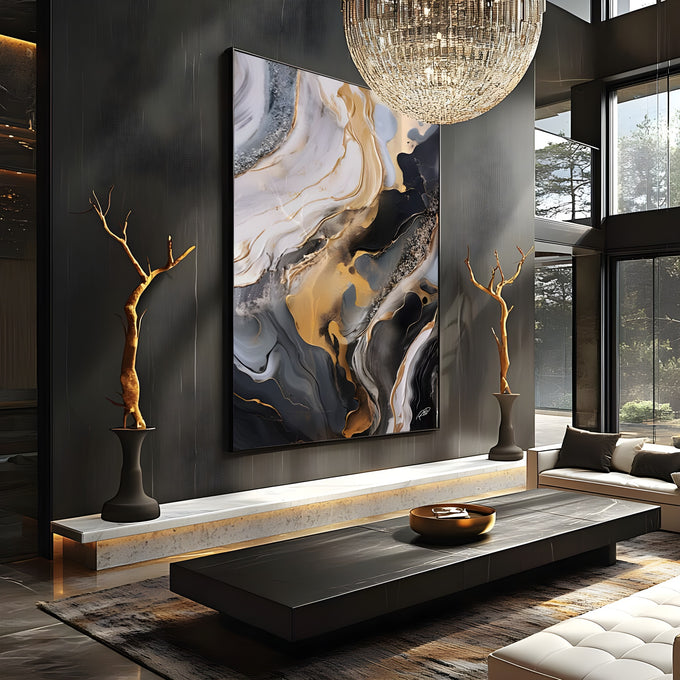 Arte abstrata efeito mármore em preto, cinza e branco com veios dourados fluidos, quadro decorativo