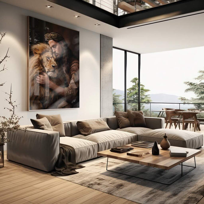 Quadro Decorativo Jesus Abraçando o Leão - Toque Divino - quadros decorativos para sala 1 Tela Vertical, 3 Telas - em living room premium