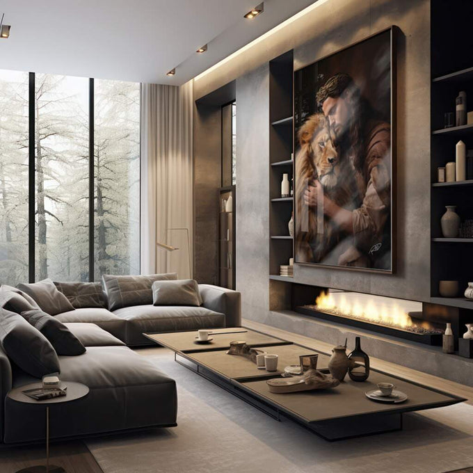 Quadro Decorativo Jesus Abraçando o Leão - Toque Divino - quadros decorativos 1 Tela Vertical, 3 Telas - em sala moderna