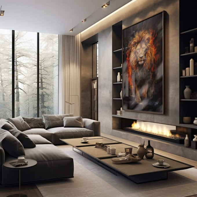 Quadro Decorativo Leão Flamejante: Imagem de Poder - quadros decorativos para sala 1 Tela Vertical, 3 Telas - em living room premium